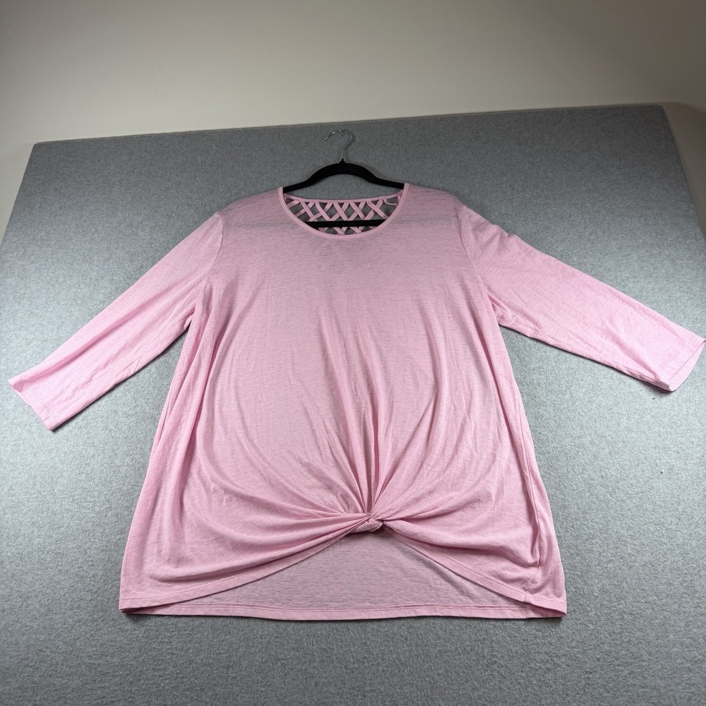 Live Well Pink Twist Front Top L Fairycore Lattice Neck Cozy Coquette Boho Knit